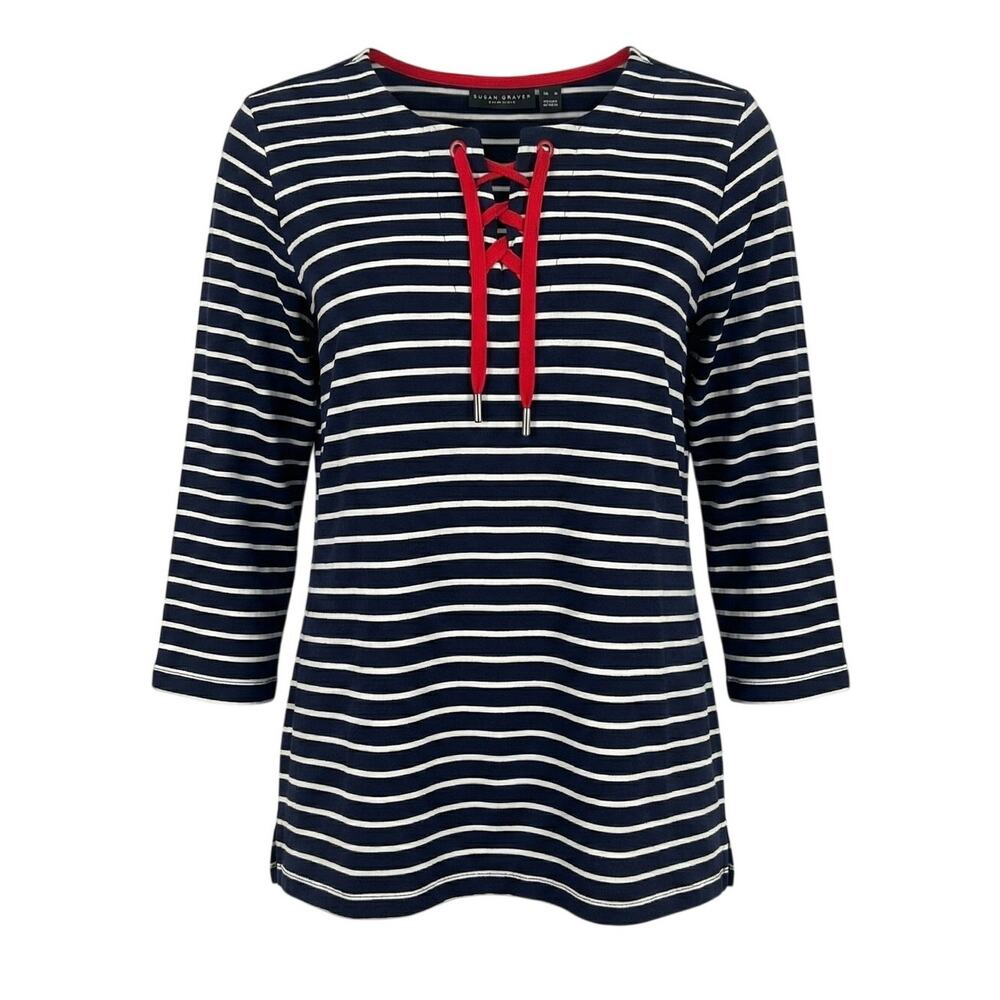 Susan Graver Womens XL Nautical Coastal‎ Grandma Sailor Stripes Boatneck Top